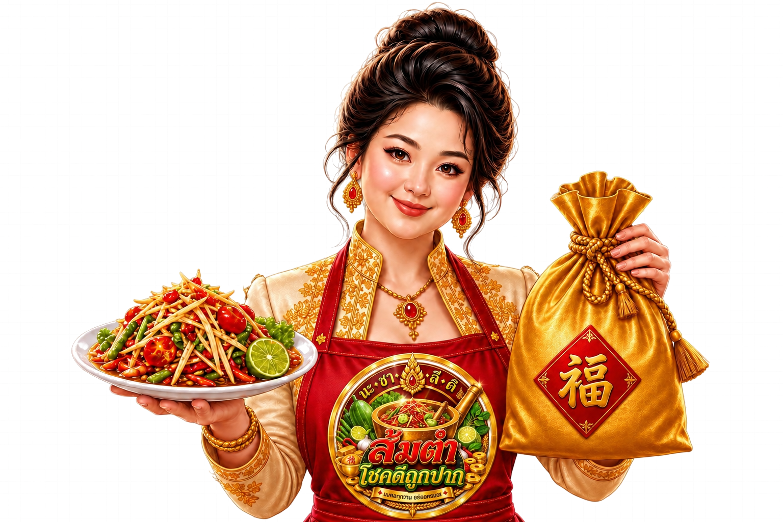 แม่โชคดีถือจานส้มตำและถุงทอง